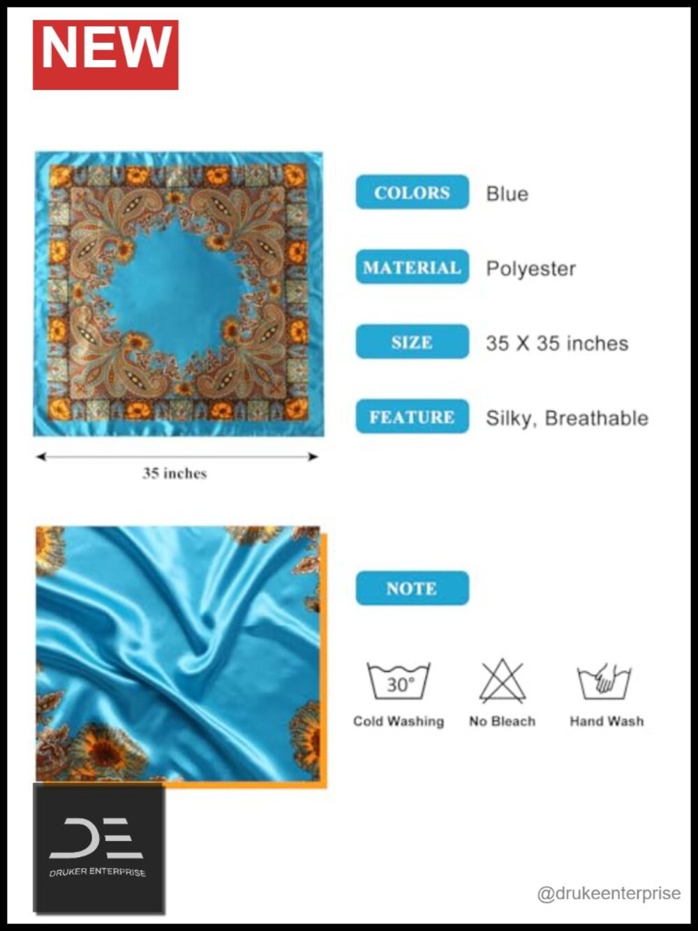 35x35 Inch Large Square Satin Head Scarf, Soft Polyester Silk Bandana Wrap - Picture 2 of 6